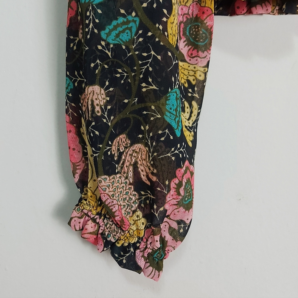 Aritzia Wilfred Lilith Floral Blouse XS Smocked Sheer Long Sleeve Ruffled Edges - Picture 9 of 9